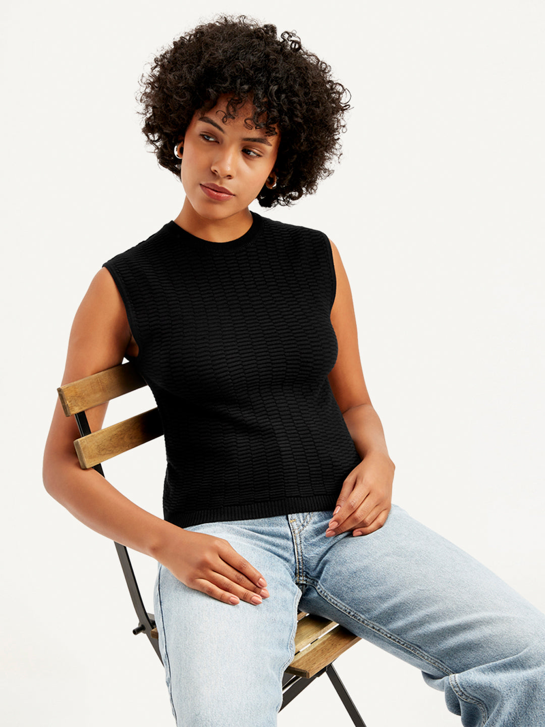 Women's Textured Black Crew Neck Top