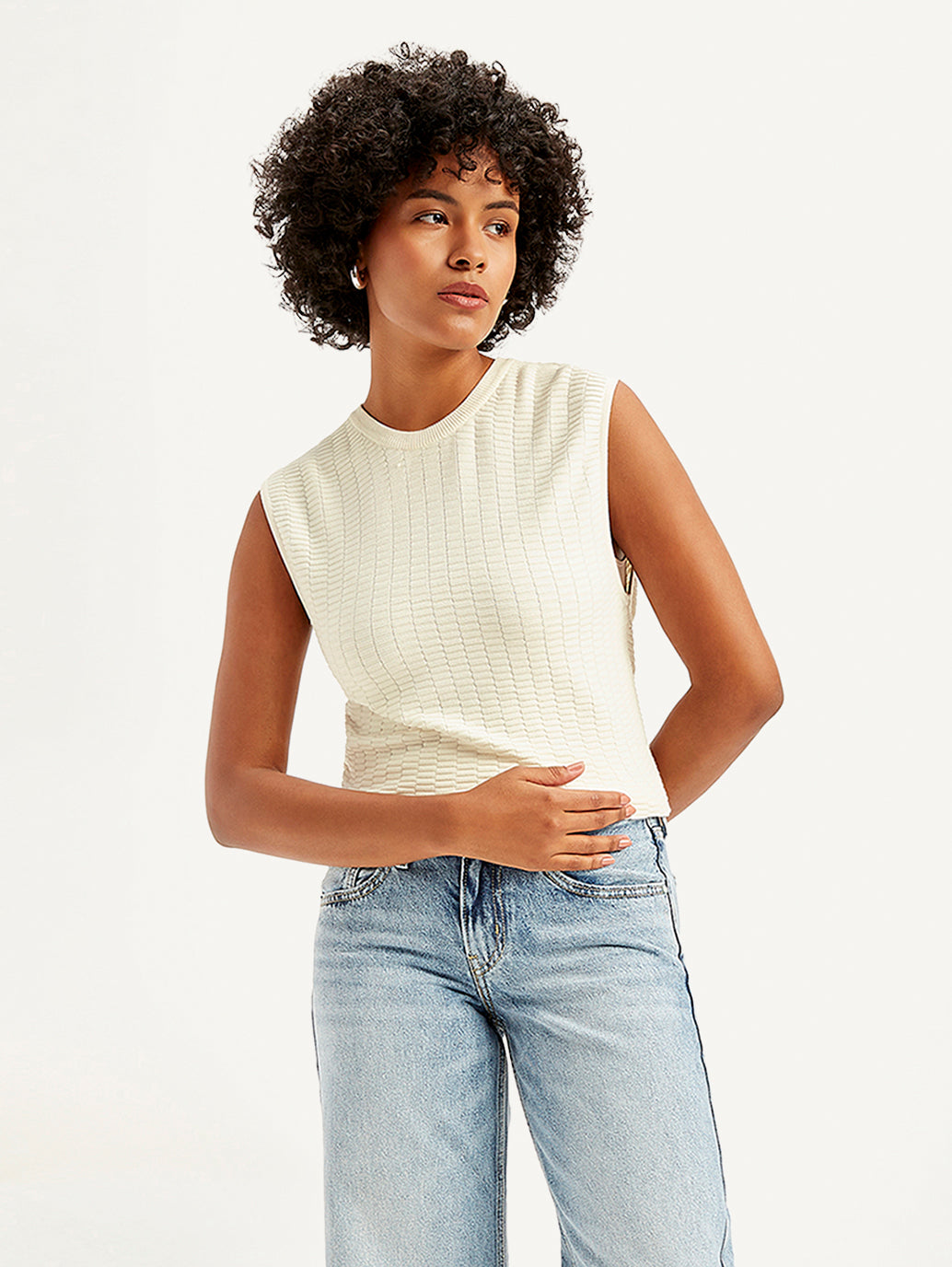 Women's Textured White Crew Neck Top