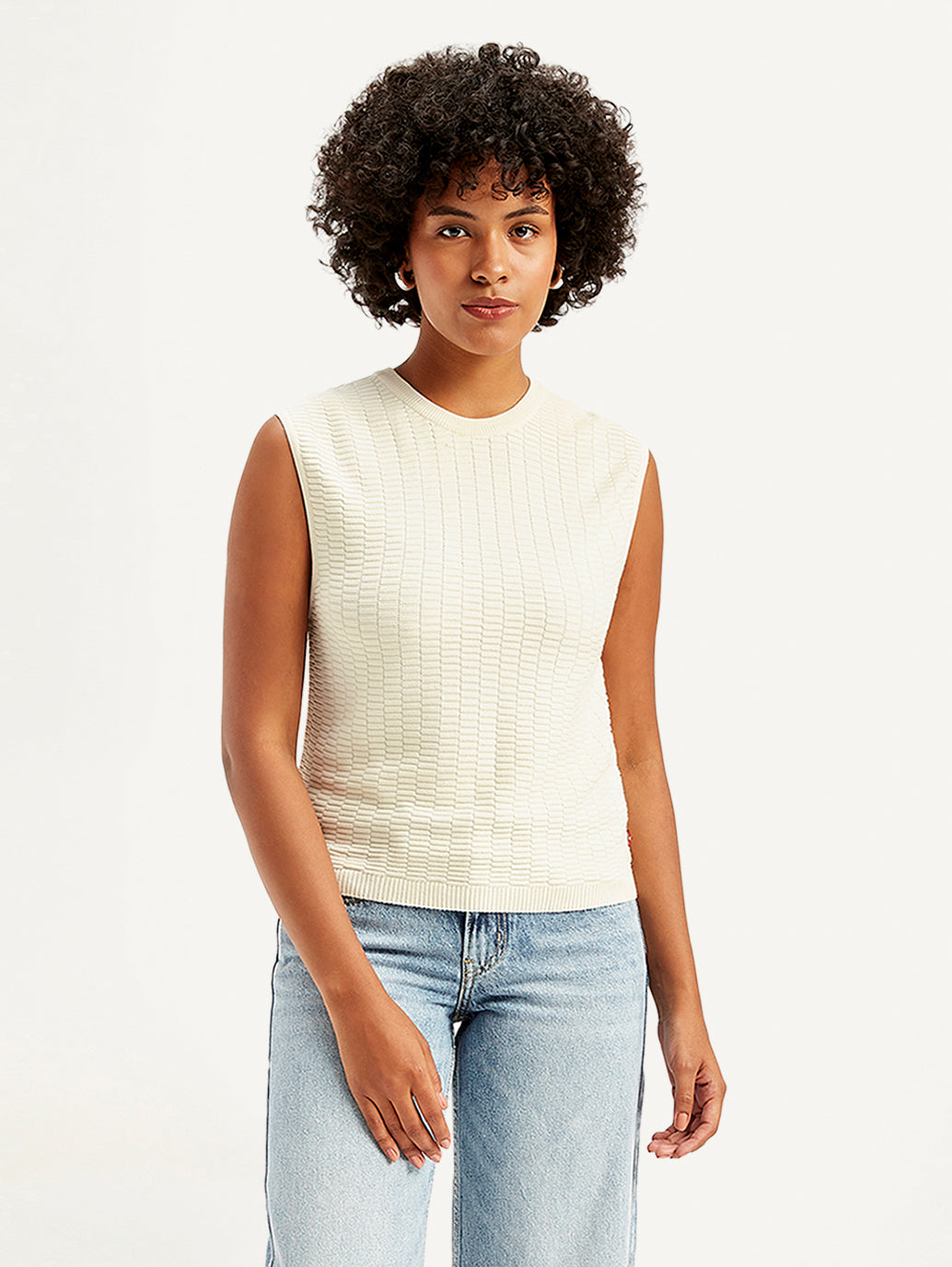 Women's Textured White Crew Neck Top