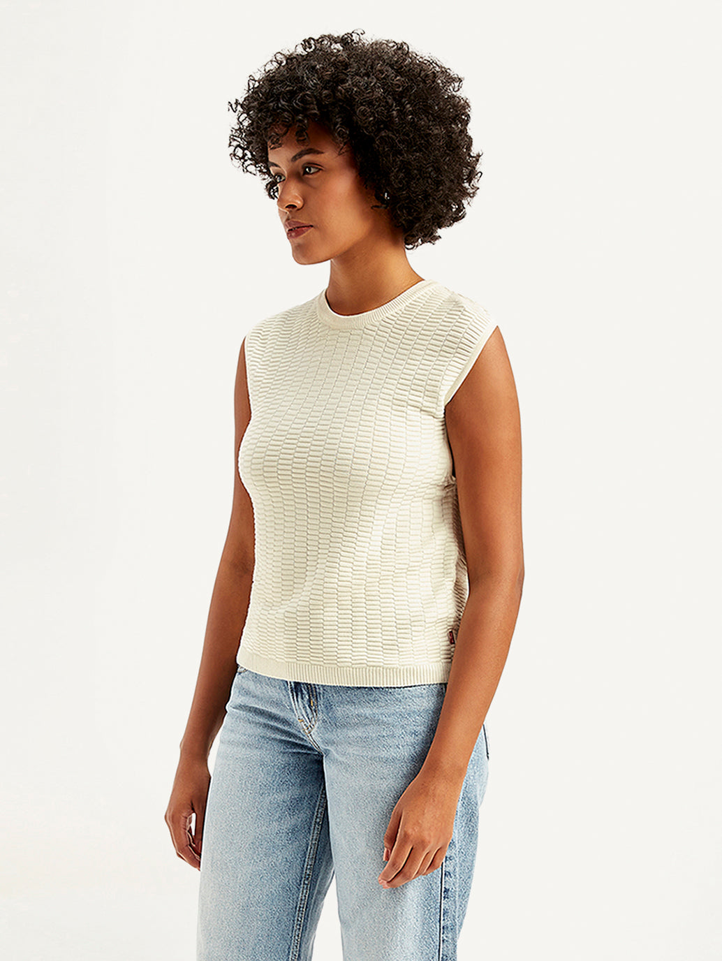 Women's Textured White Crew Neck Top