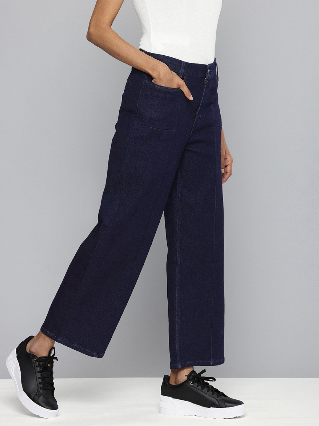 Women's Redloop Navy Blue Mile High Wide Leg Fit High Rise Jeans - 2 View