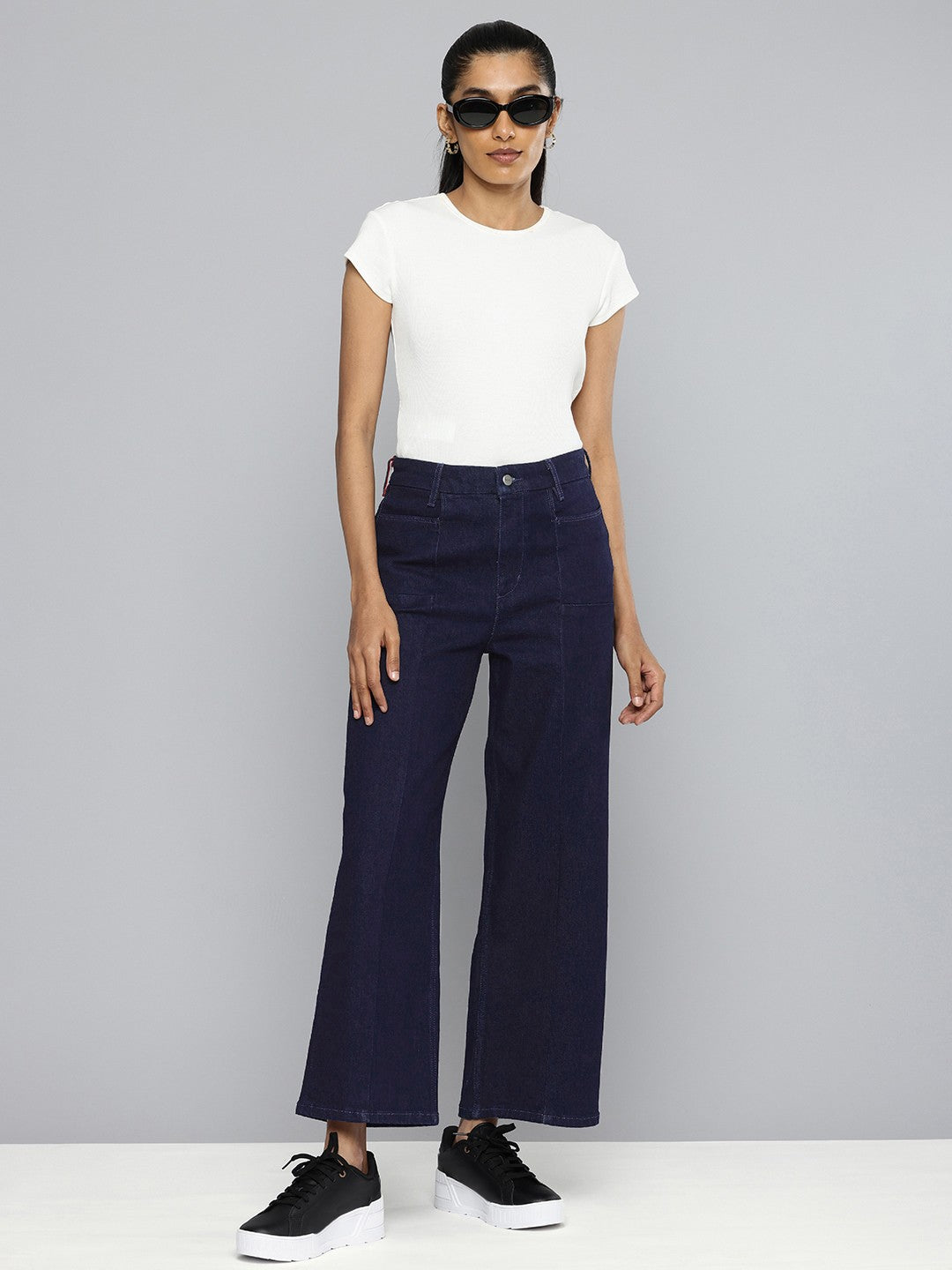 Women's Redloop Navy Blue Mile High Wide Leg Fit High Rise Jeans