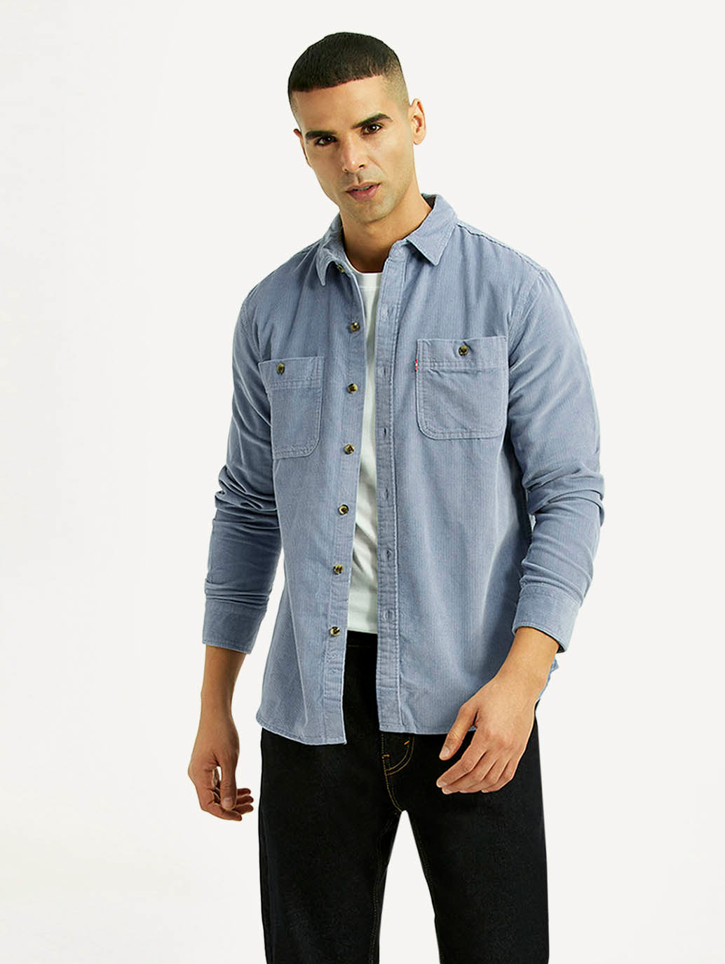 Men's Solid Light Blue Slim Fit Corduroy Shirt