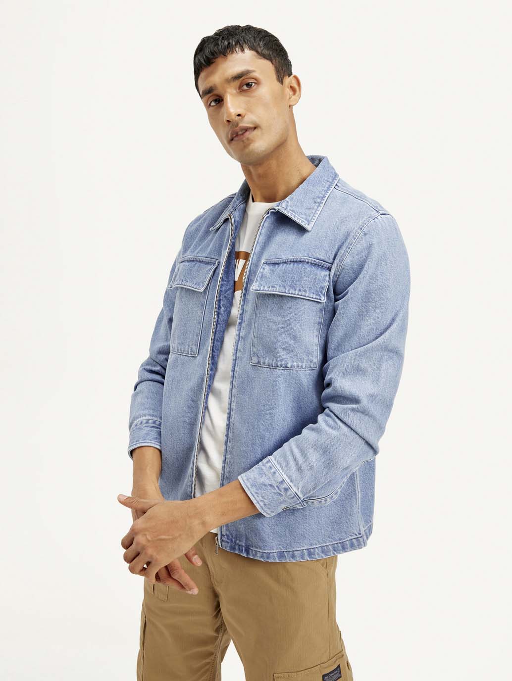 Men's Solid Light Blue Denim Shacket