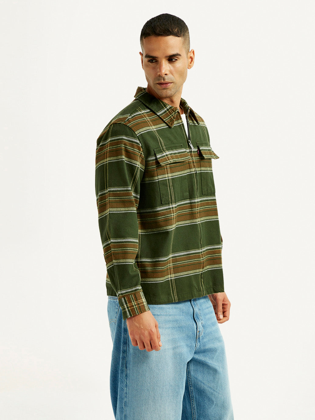 Men's Flannel Checkered Olive Relaxed Fit Shirt - Side View