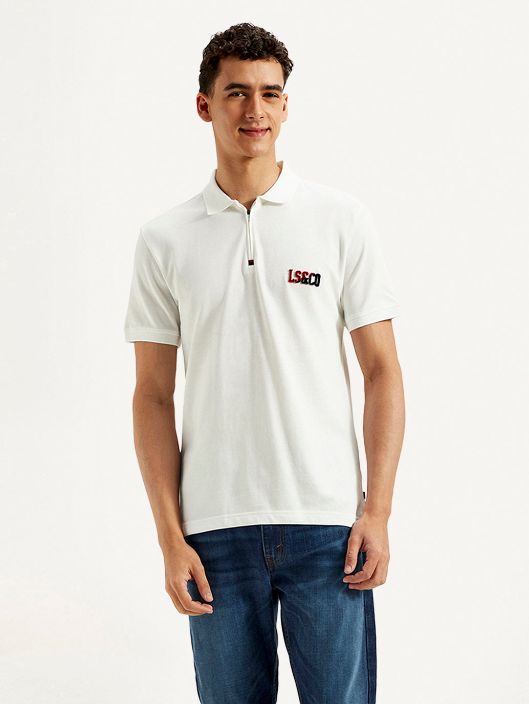 Men's Brand Logo Slim Fit Polo T-shirt - Front View