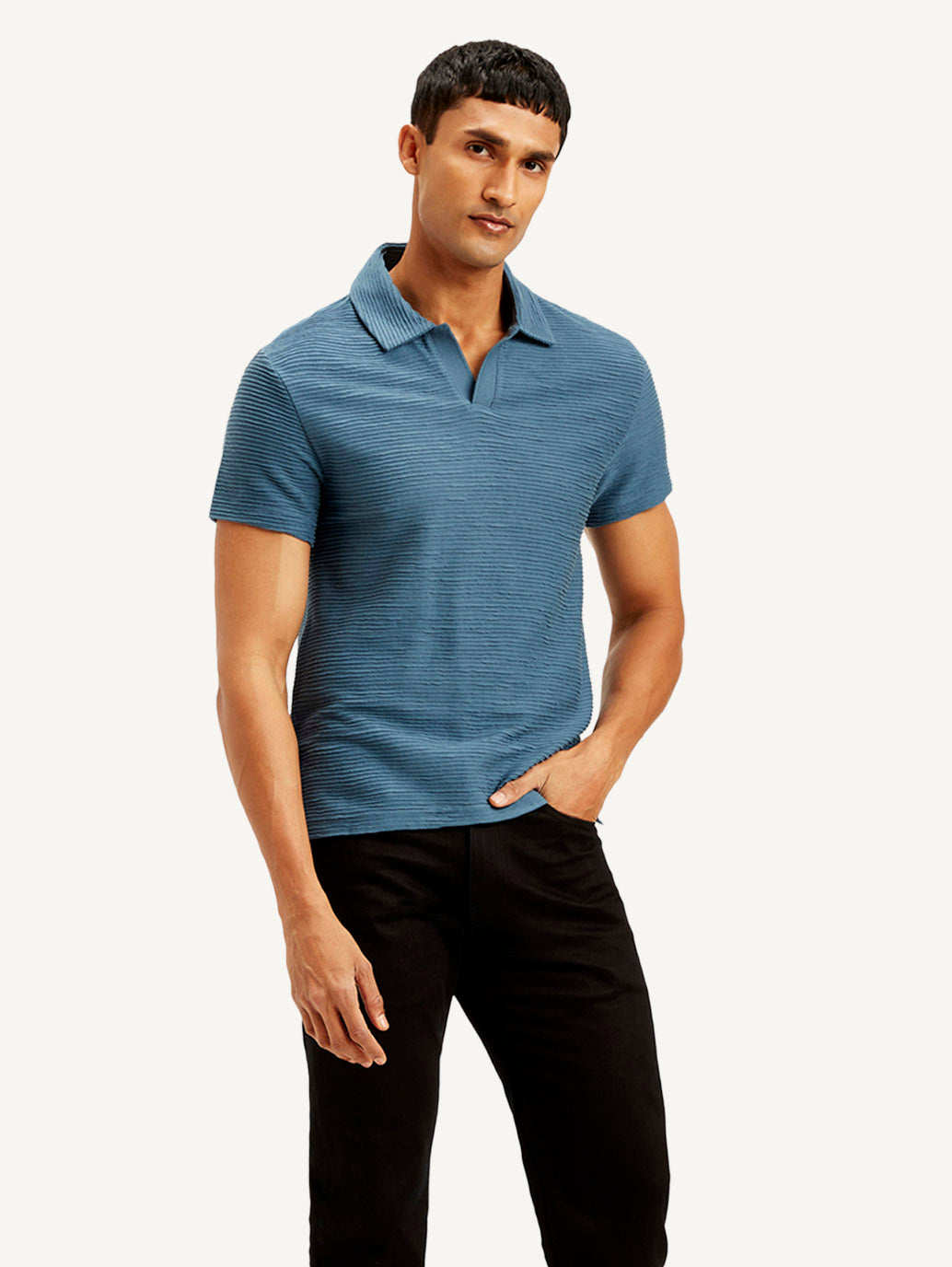 Men's Textured Slim Fit Polo Corduroy T-shirt - Side View