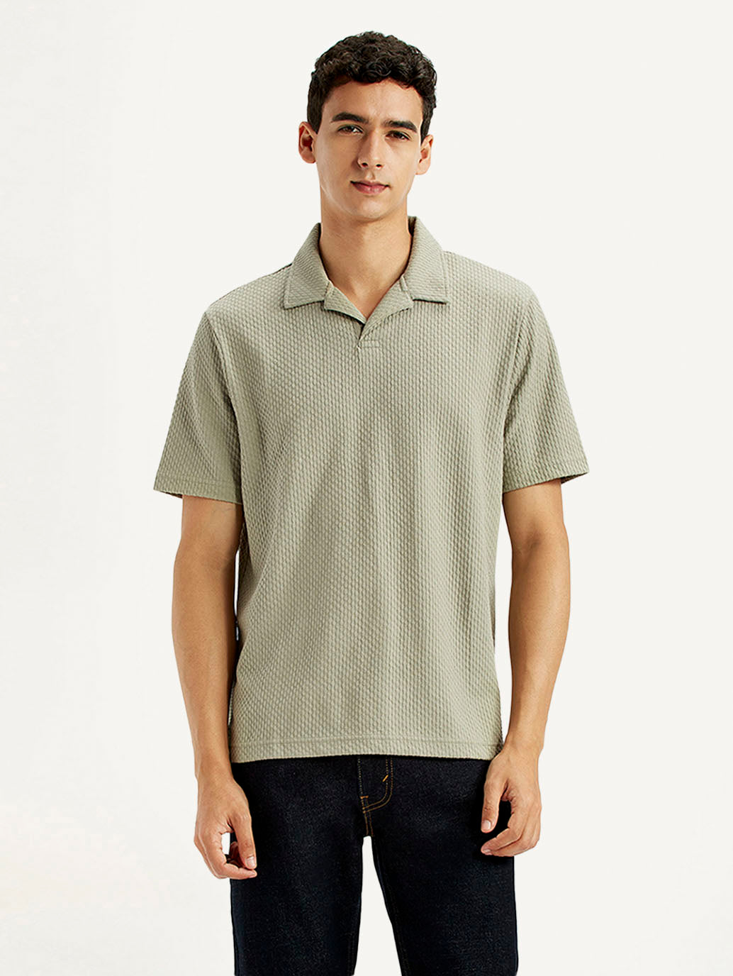 Men's Textured Khaki Slim Fit Polo T-shirt - Front View