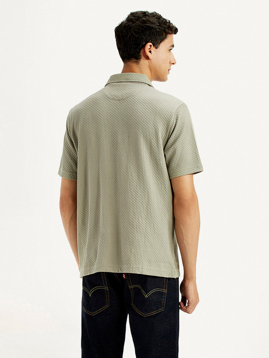 Men's Textured Khaki Slim Fit Polo T-shirt - Back View