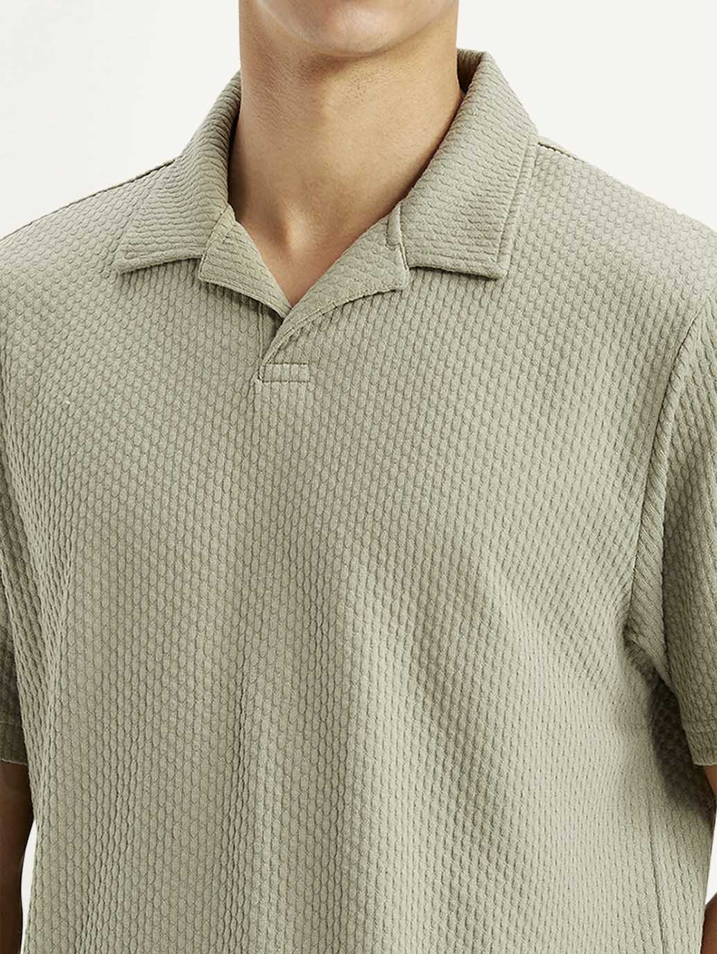 Men's Textured Khaki Slim Fit Polo T-shirt - Detail View