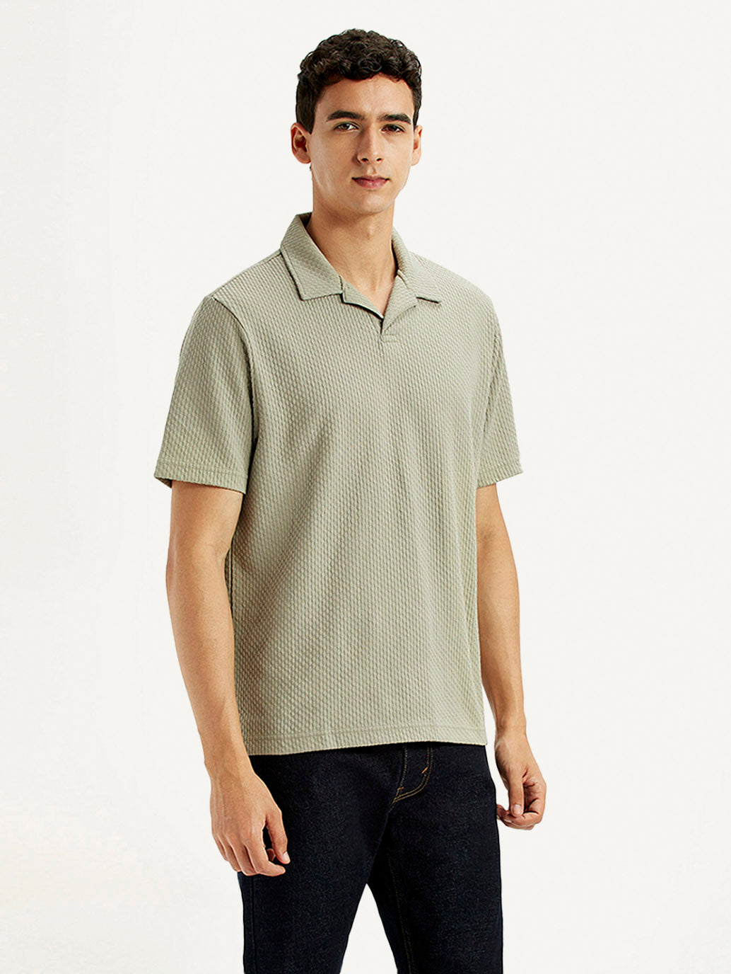 Men's Textured Khaki Slim Fit Polo T-shirt - Side View