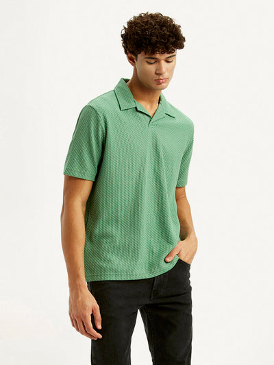 Men's Textured Green Slim Fit Polo T-shirt-image-42