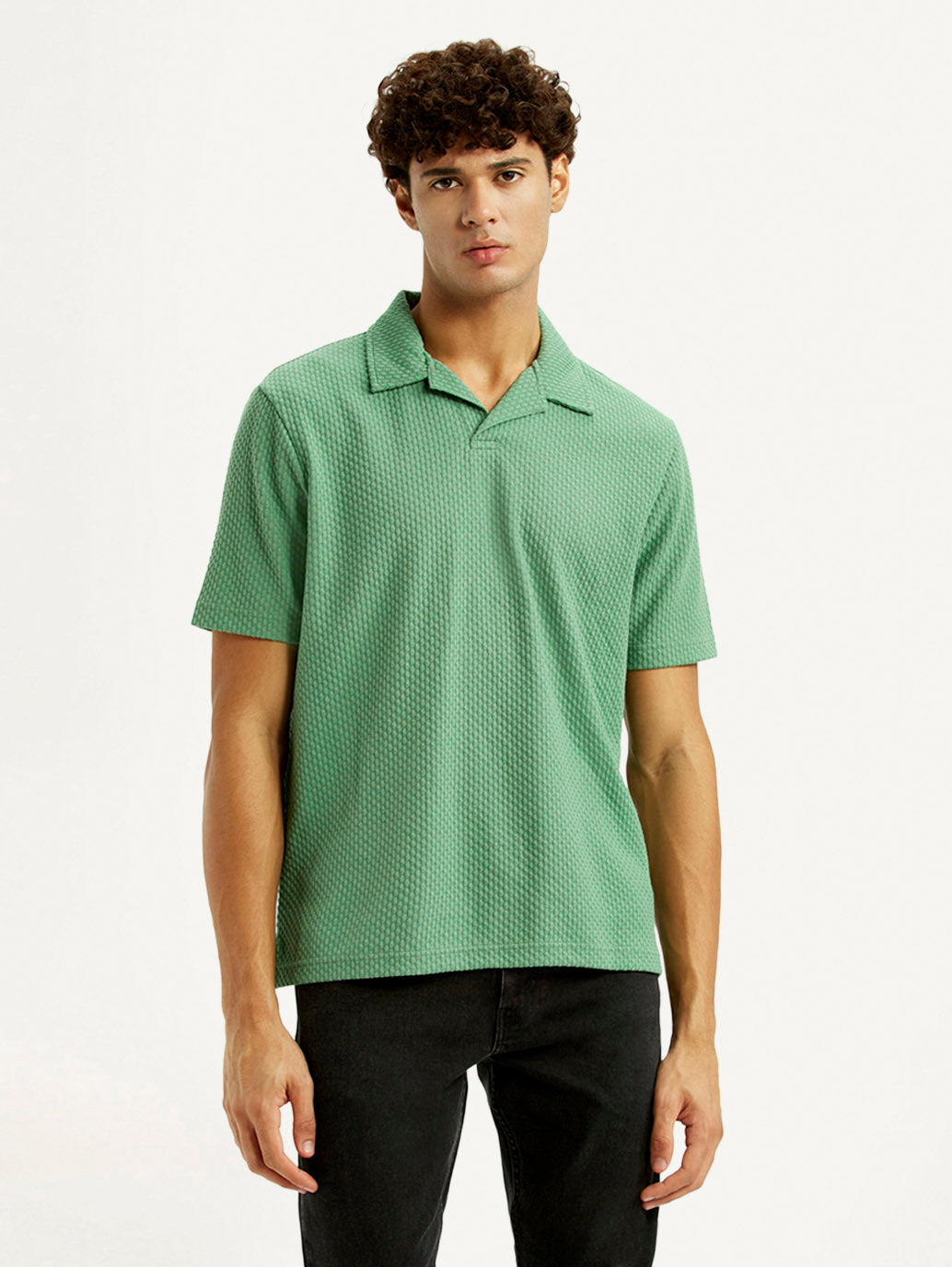 Men's Textured Green Slim Fit Polo T-shirt - Front View