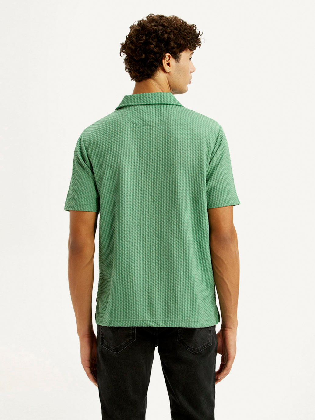Men's Textured Green Slim Fit Polo T-shirt - Back View