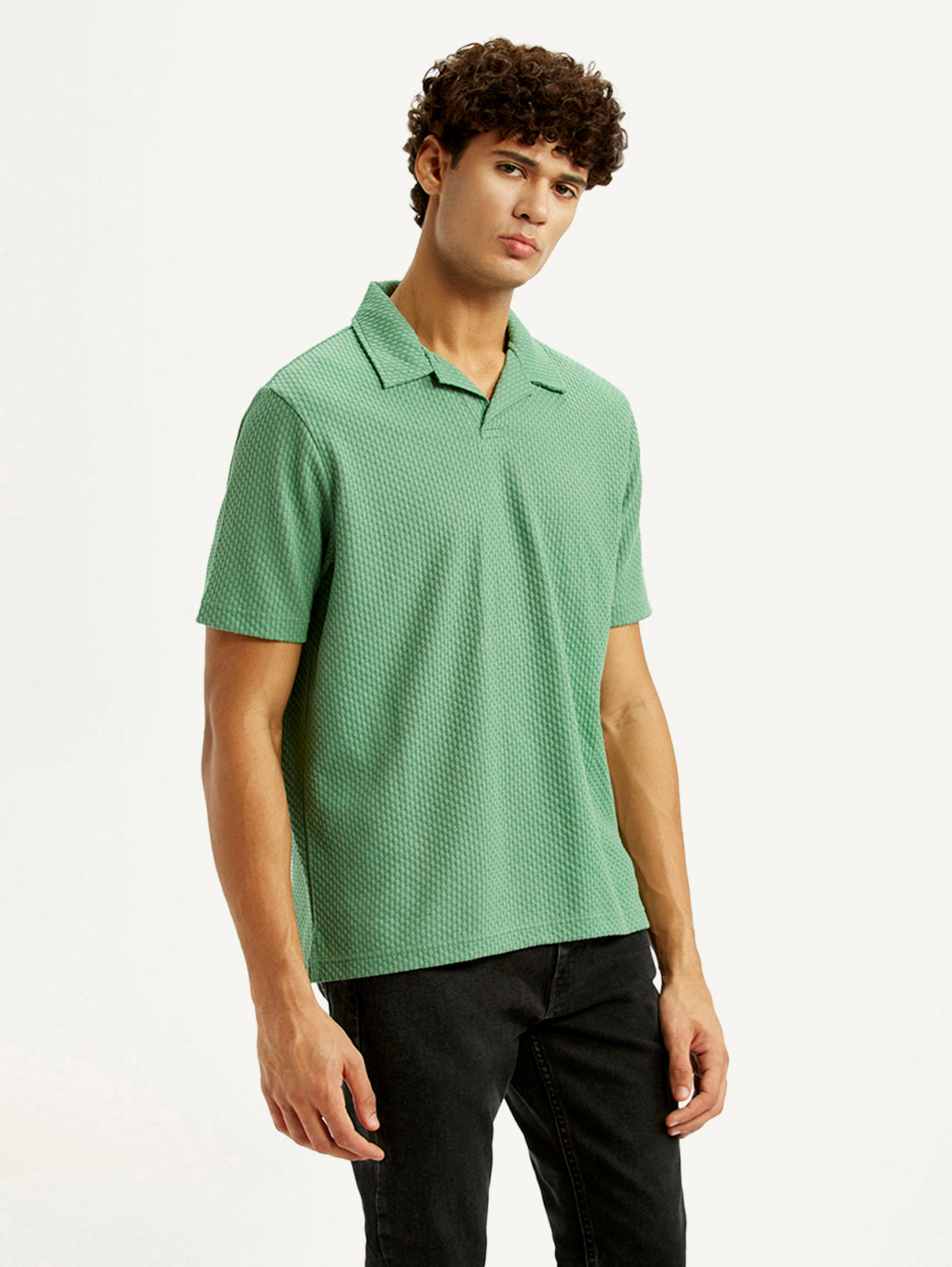 Men's Textured Green Slim Fit Polo T-shirt - Side View