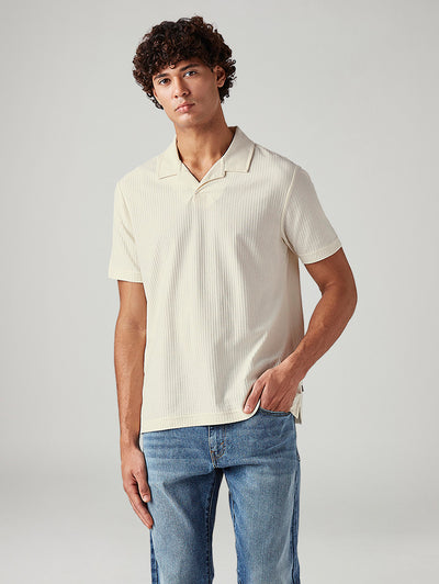 Men's Textured Cream Collar Neck Textured Polo T-shirt-image-38