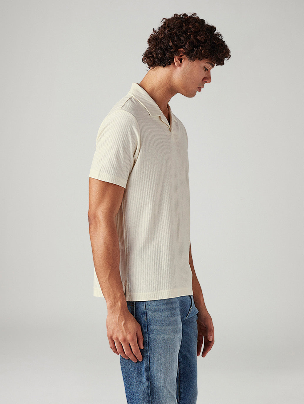 Men's Textured Cream Collar Neck Textured Polo T-shirt - Side View