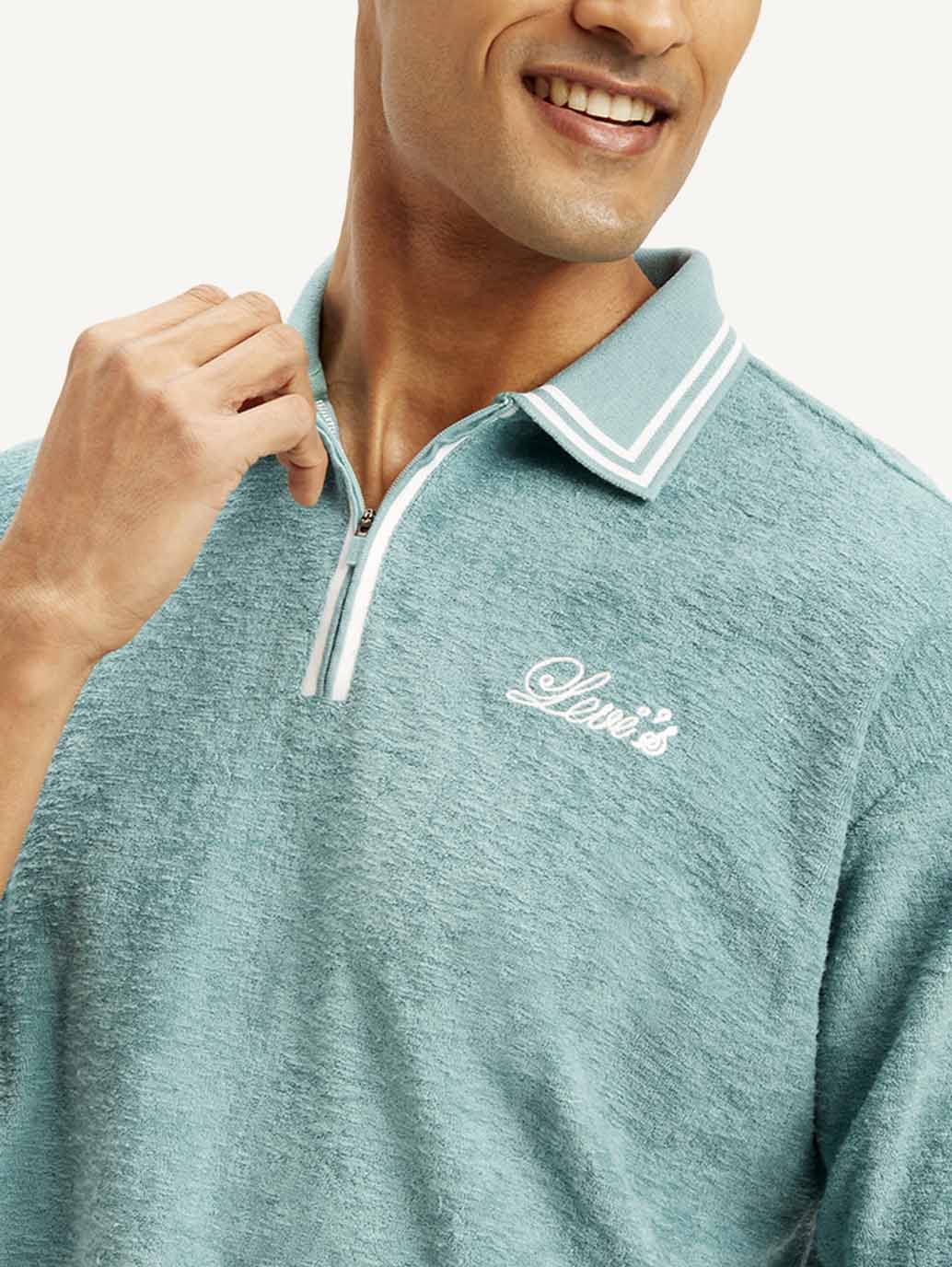 Men's Knitted Teal Polo T-shirt - Detail View