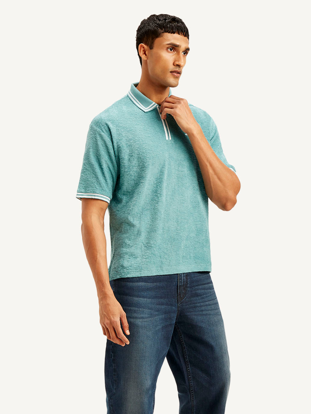 Men's Knitted Teal Polo T-shirt - Side View