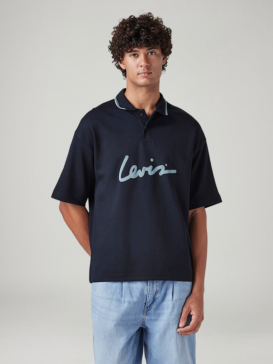 Men's Brand Logo Loose Fit Interlock Polo T-shirt - Front View
