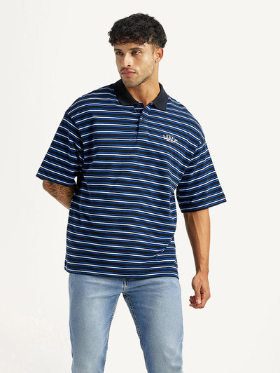 Men's Striped Blue Loose Fit Polo T-shirt-image-32