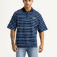 Men's Striped Blue Loose Fit Polo T-shirt - Front View