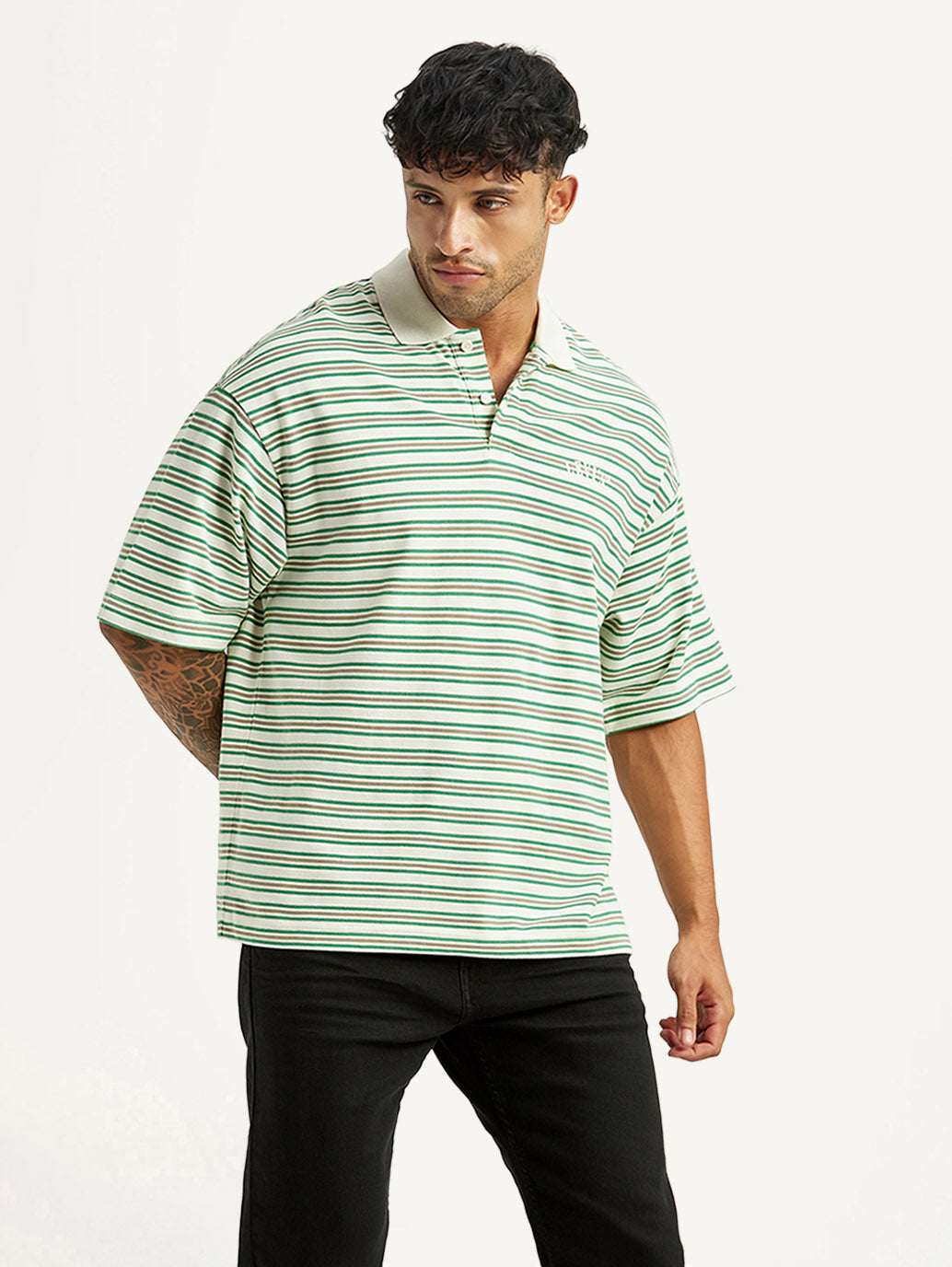 Men's Striped Light Green Loose Fit Polo T-shirt - Styleshot View