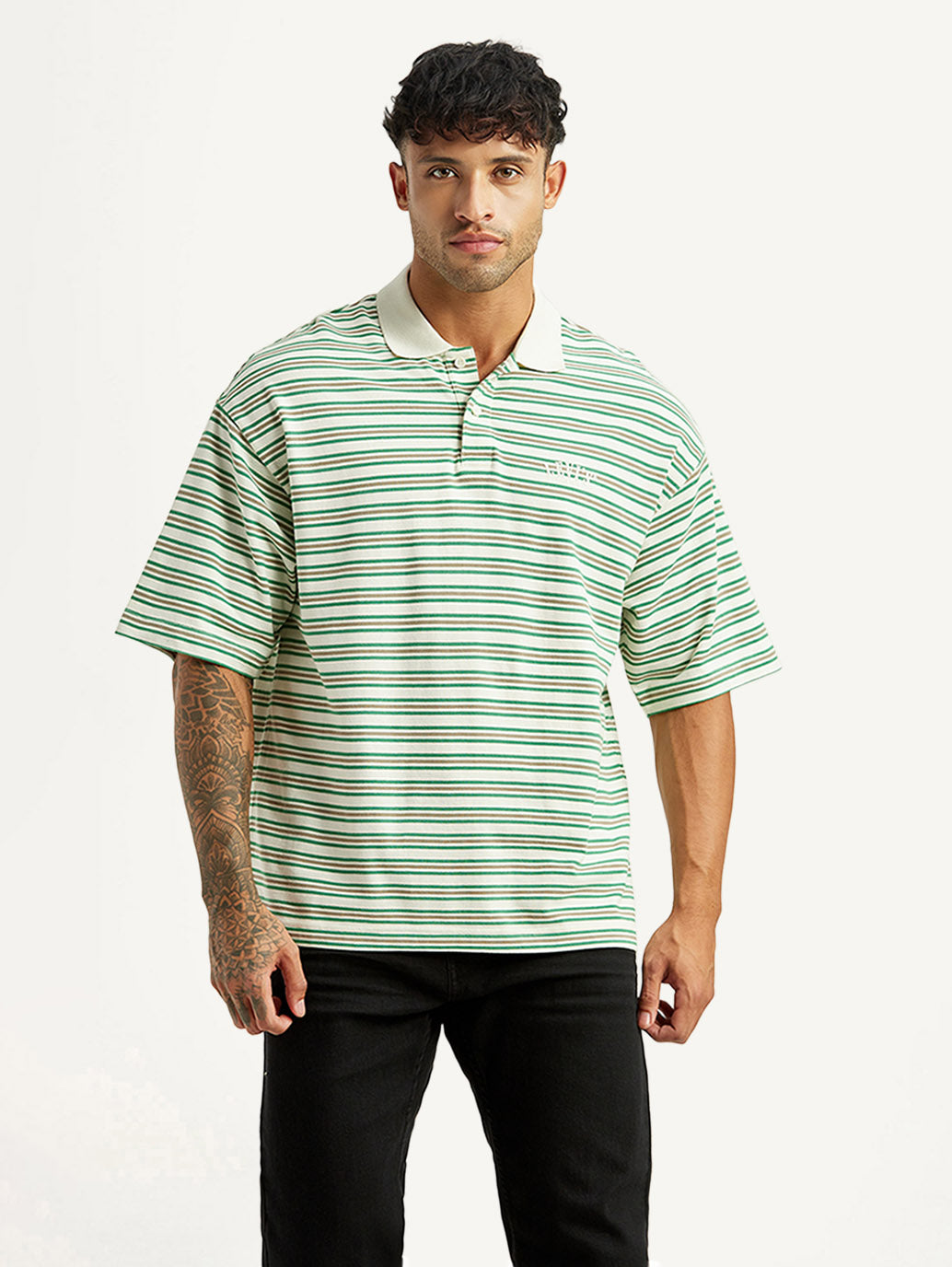 Men's Striped Light Green Loose Fit Polo T-shirt - Front View
