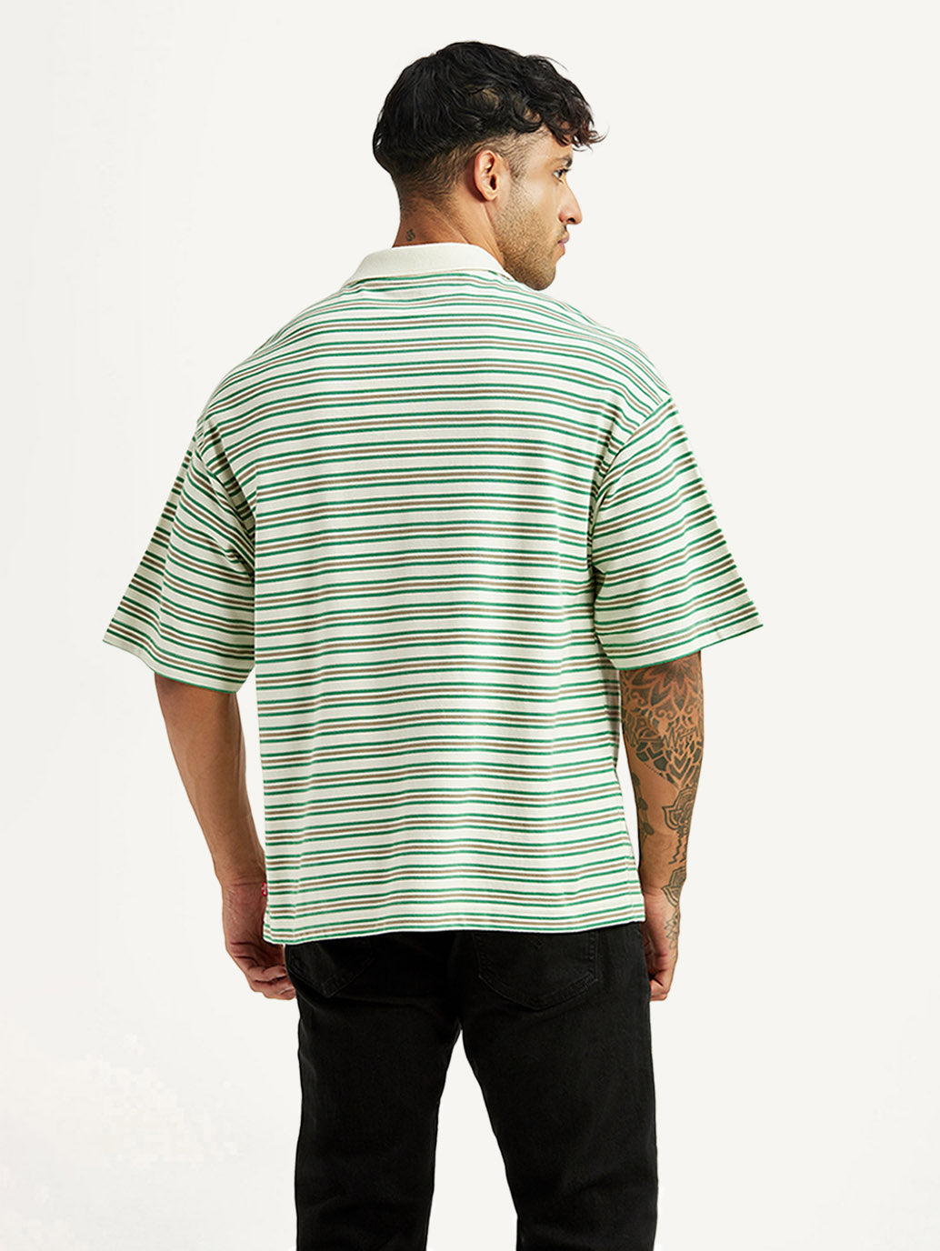 Men's Striped Light Green Loose Fit Polo T-shirt - Back View