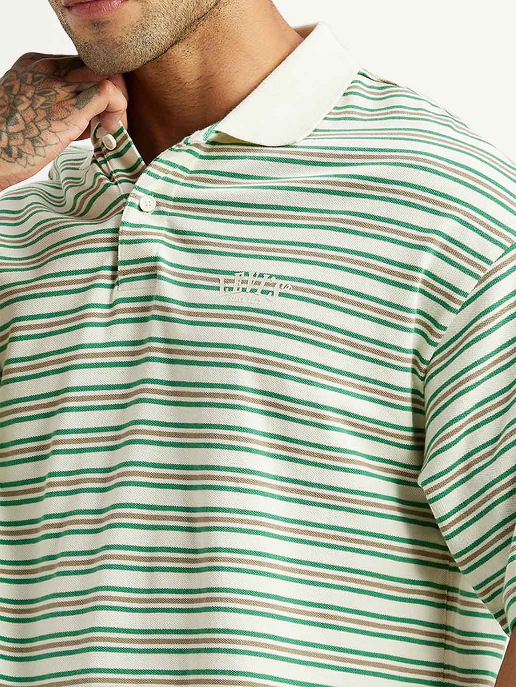 Men's Striped Light Green Loose Fit Polo T-shirt - Detail View