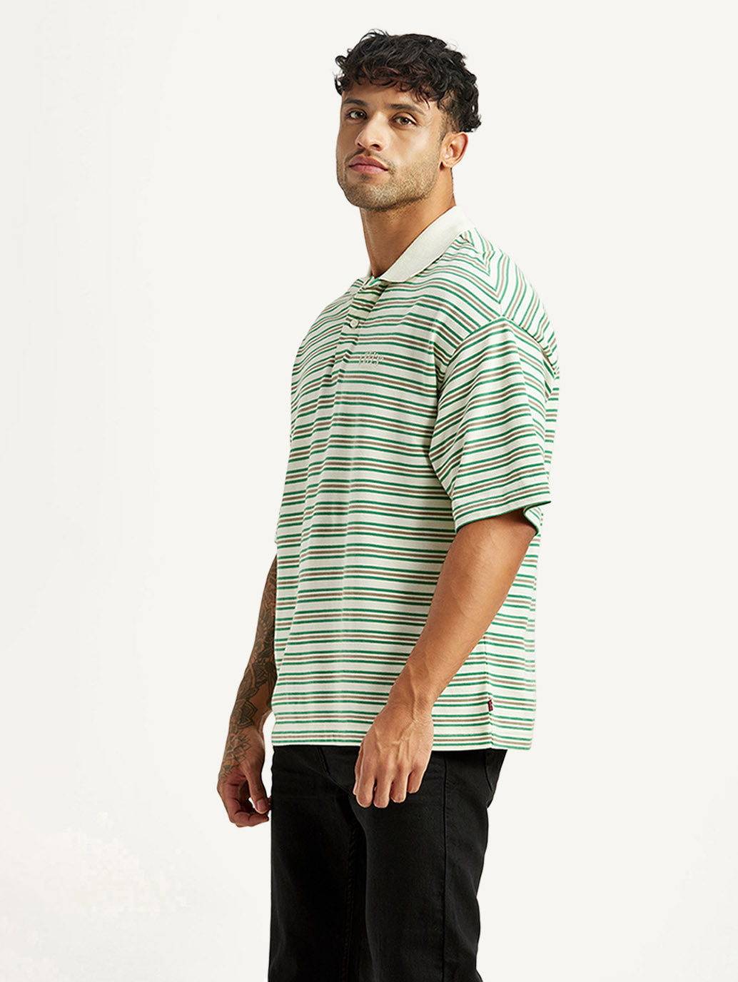 Men's Striped Light Green Loose Fit Polo T-shirt - Side View