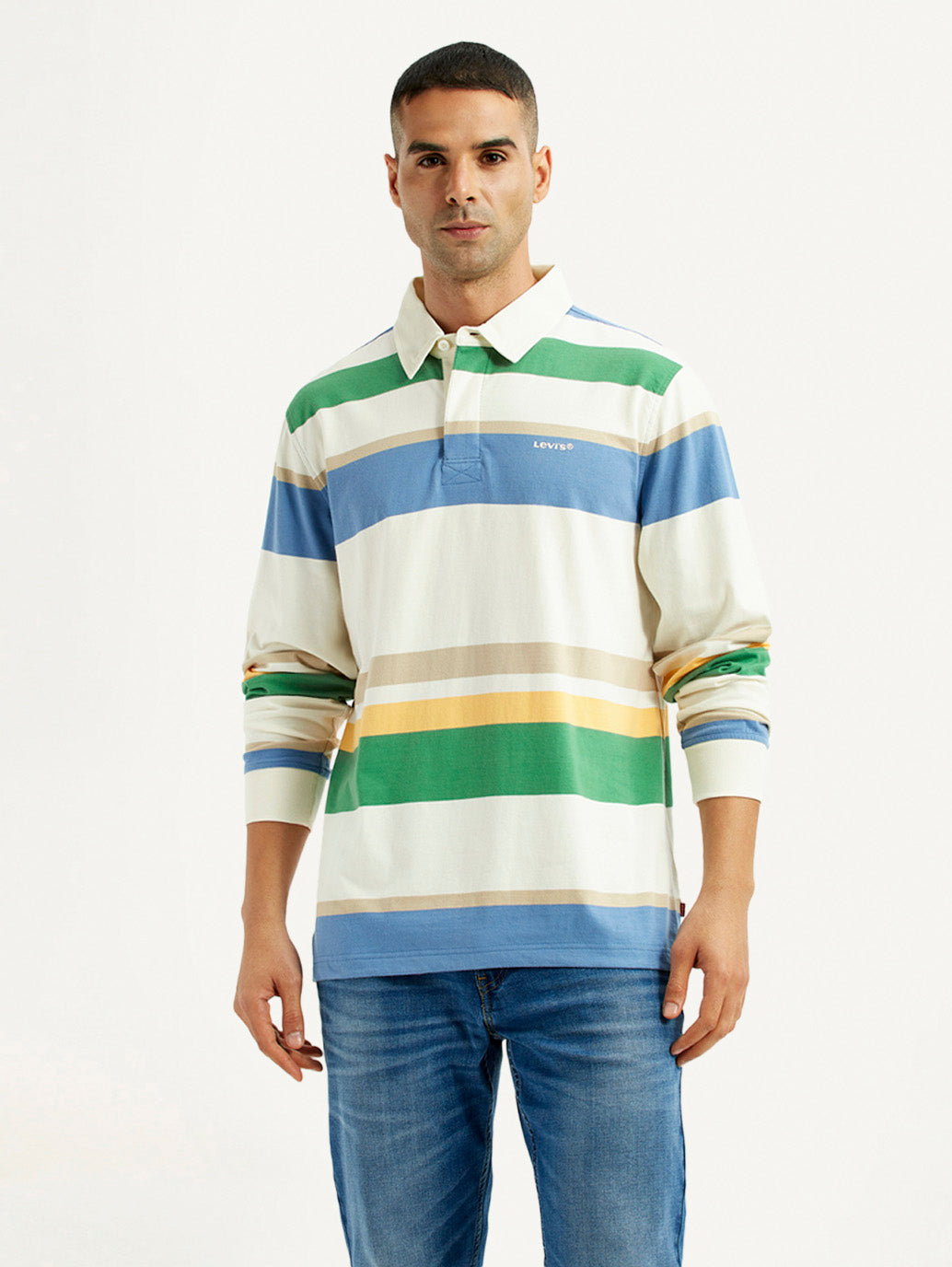 Men's Striped Multi Color Slim Fit Polo T-shirt - Front View