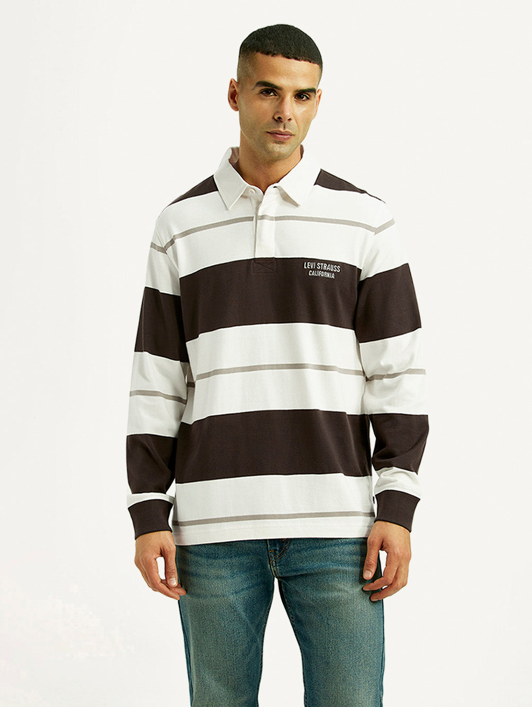 Men's Striped White Polo T-shirt - Front View