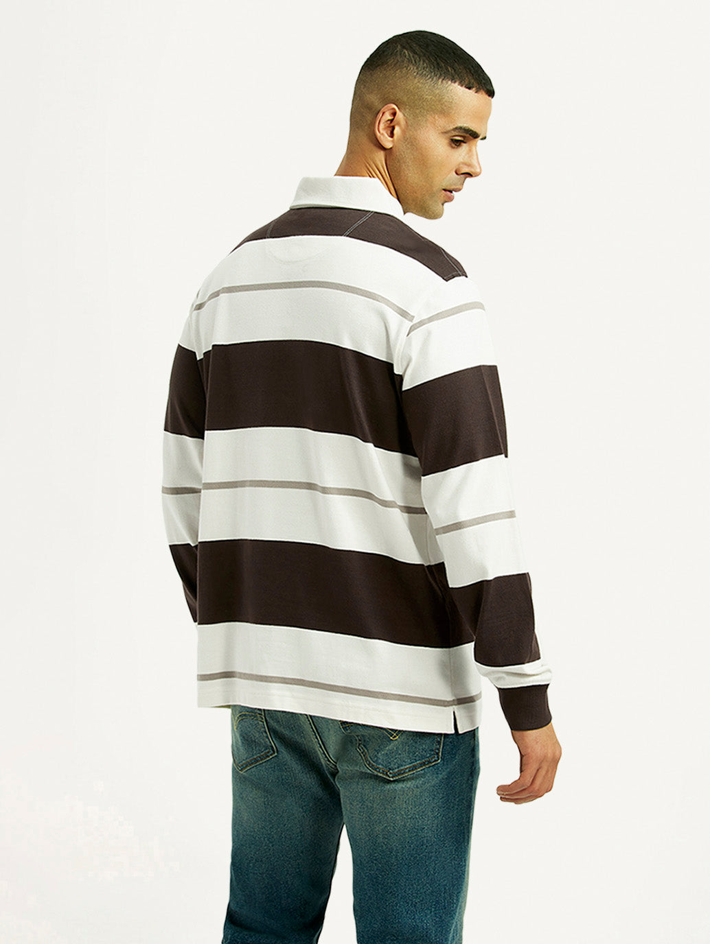 Men's Striped White Polo T-shirt - Back View