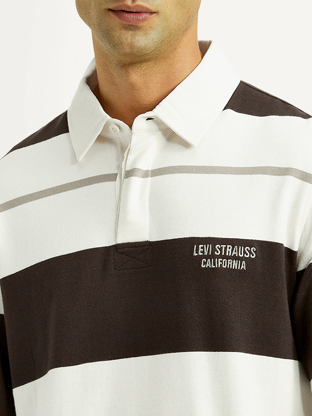 Men's Striped White Polo T-shirt - Detail View