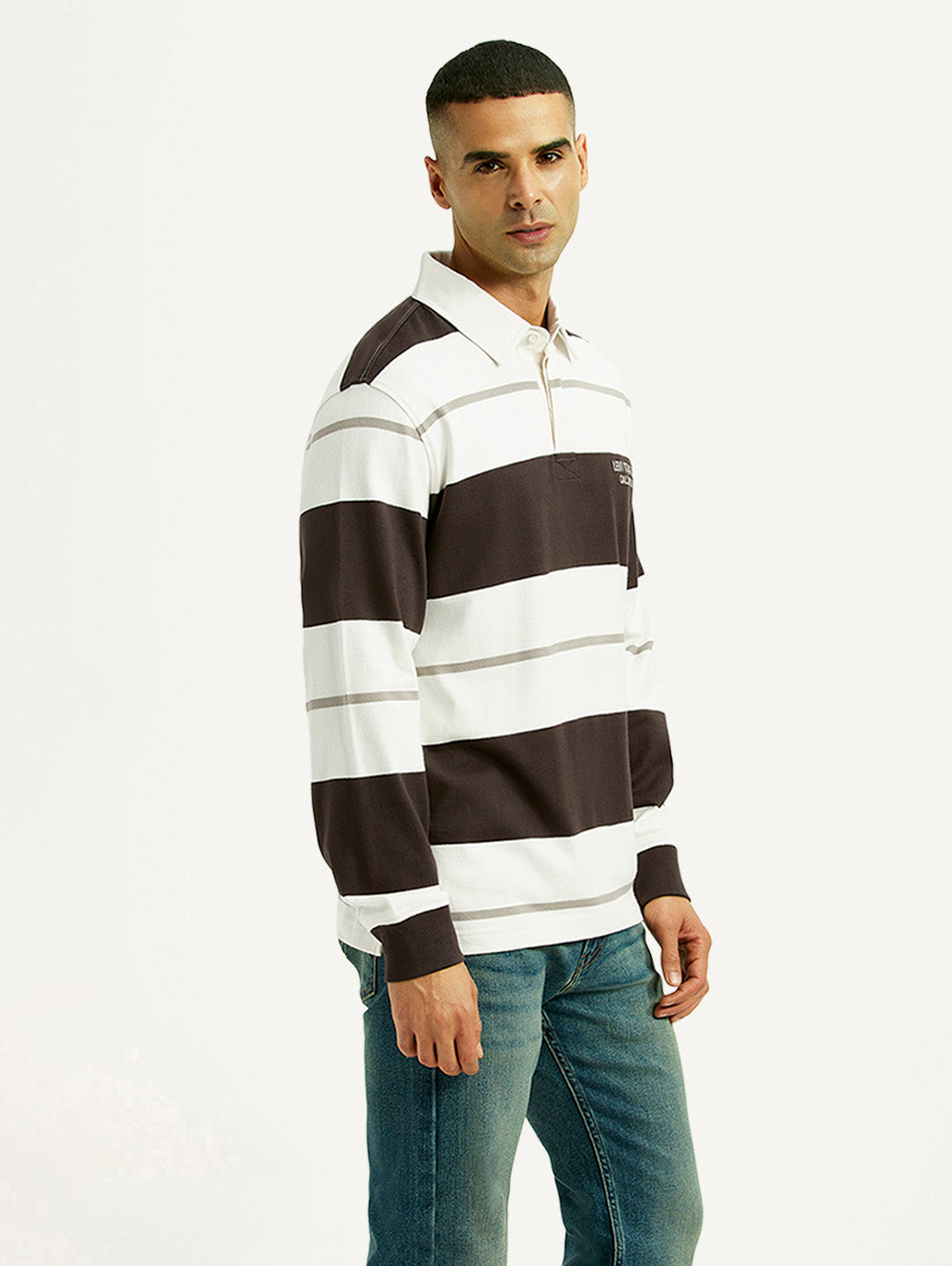 Men's Striped White Polo T-shirt - Side View