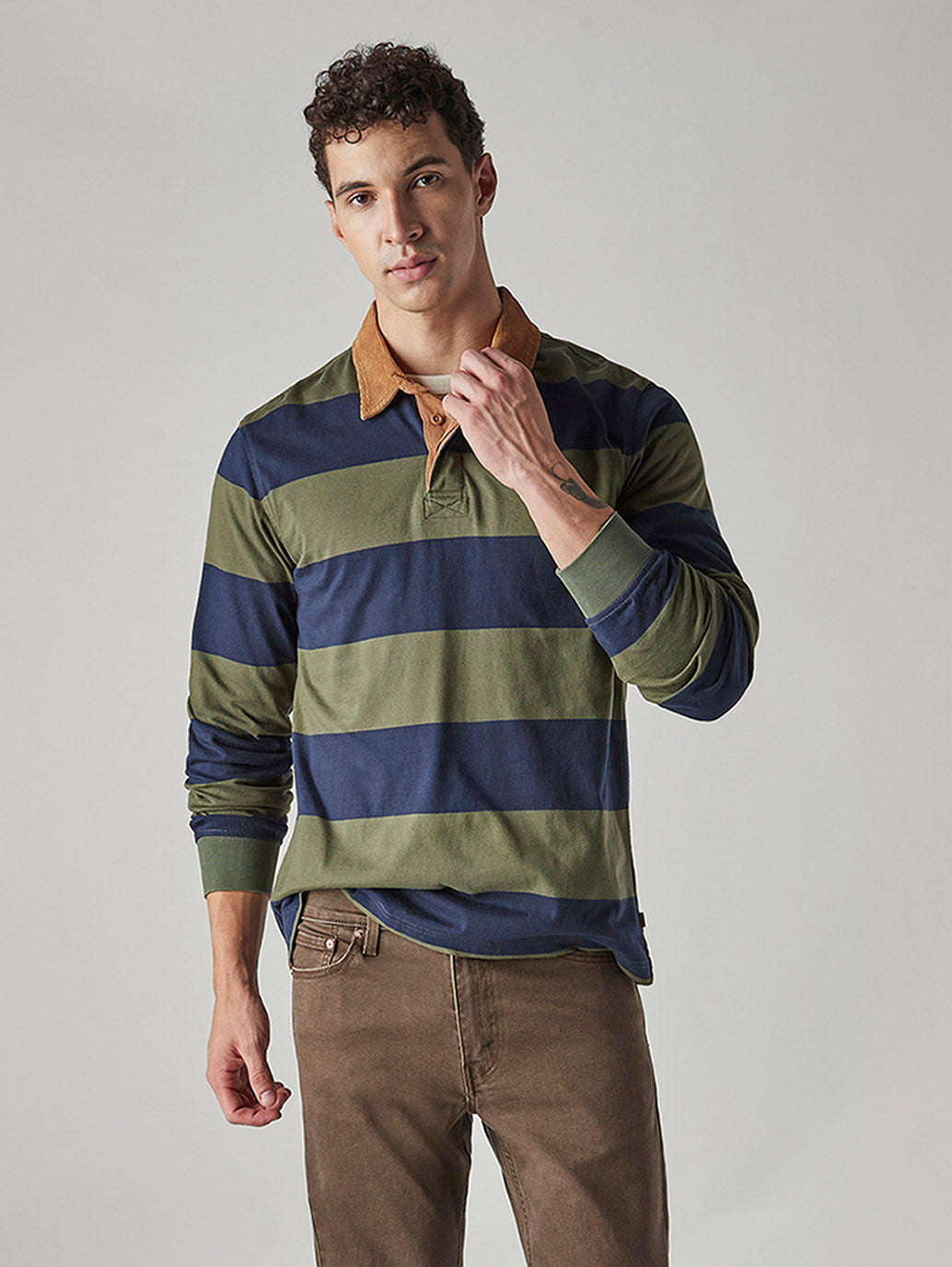 Men's Striped Loose Fit Jersey Polo T shirt - Styleshot View