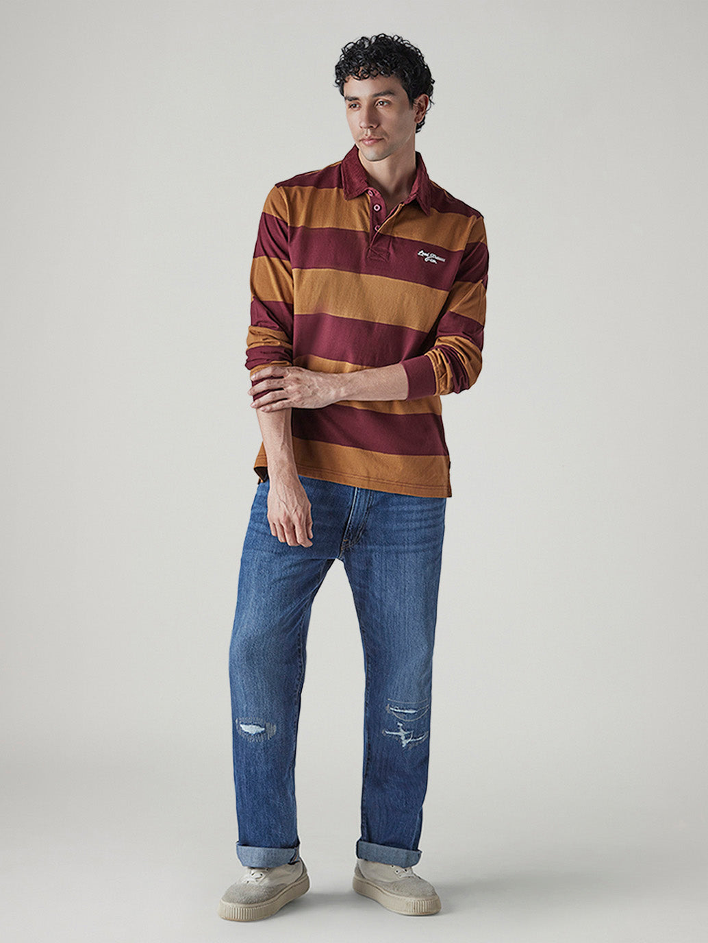 Men's Striped Loose Fit Jersey Polo T-shirt