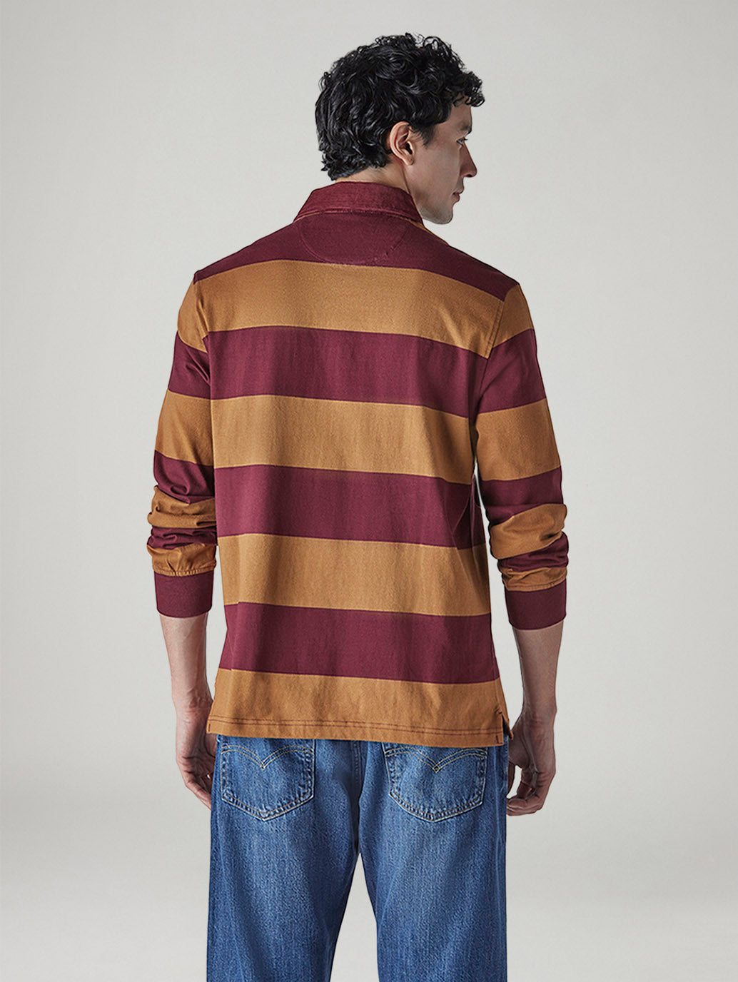 Men's Striped Loose Fit Jersey Polo T-shirt - Back View