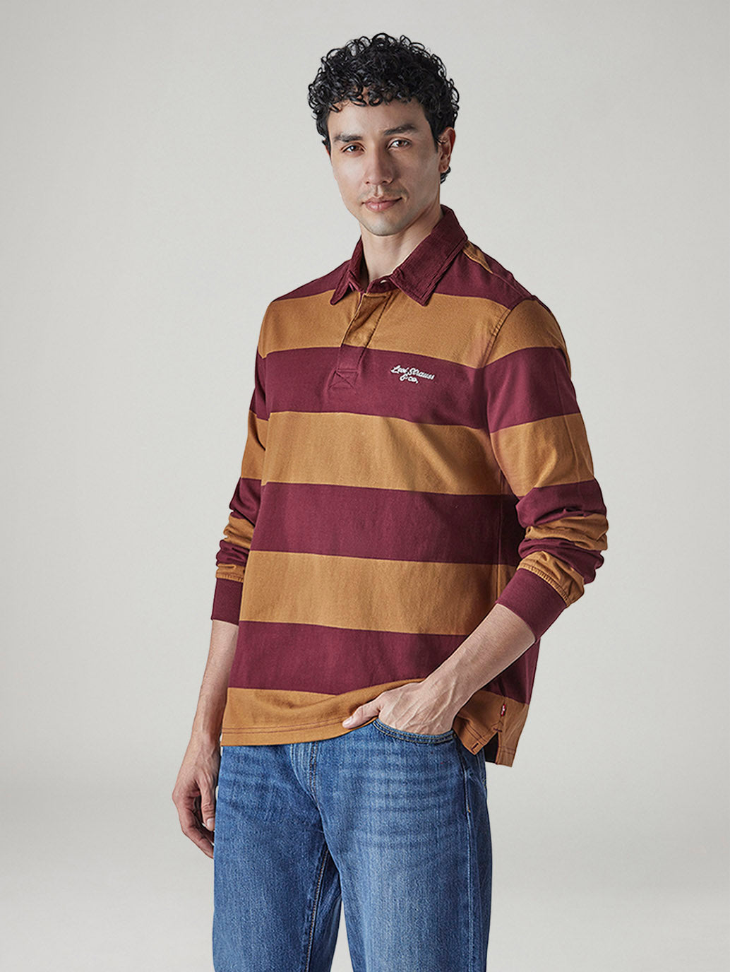 Men's Striped Loose Fit Jersey Polo T-shirt - Side View