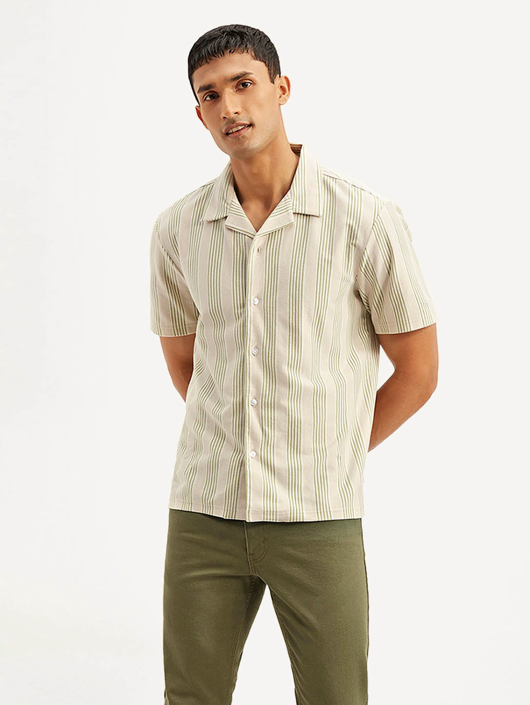 Men's Resort Collar Striped Loose Fit Camp Shirt