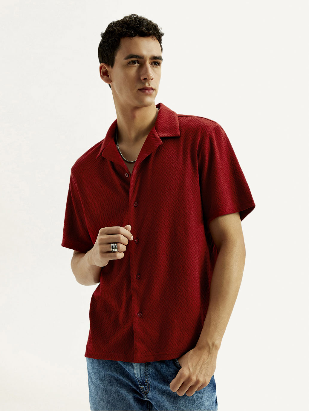 Men's Textured Relaxed Fit Resort Collar Knit Shirt - Elevated View
