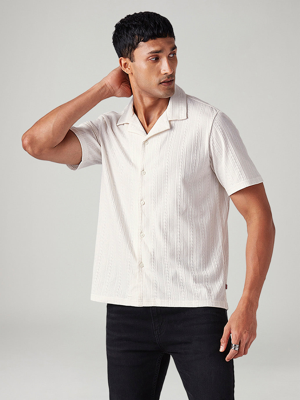 Men's Off White Relaxed Fit Resort Collar Camp Shirt - Styleshot View