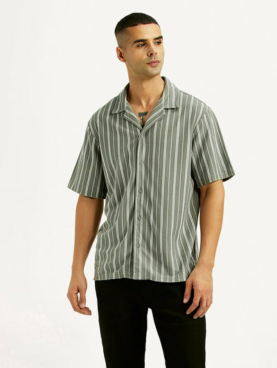 Men's Striped Olive Relaxed Fit Camp Shirt-image-8