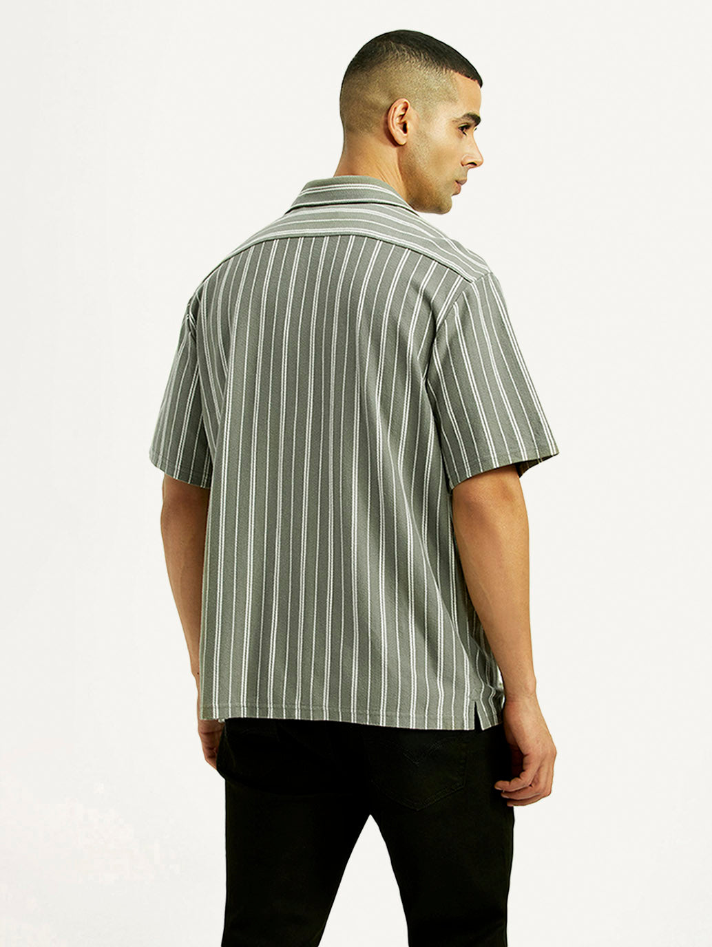 Men's Striped Olive Relaxed Fit Camp Shirt - Back View