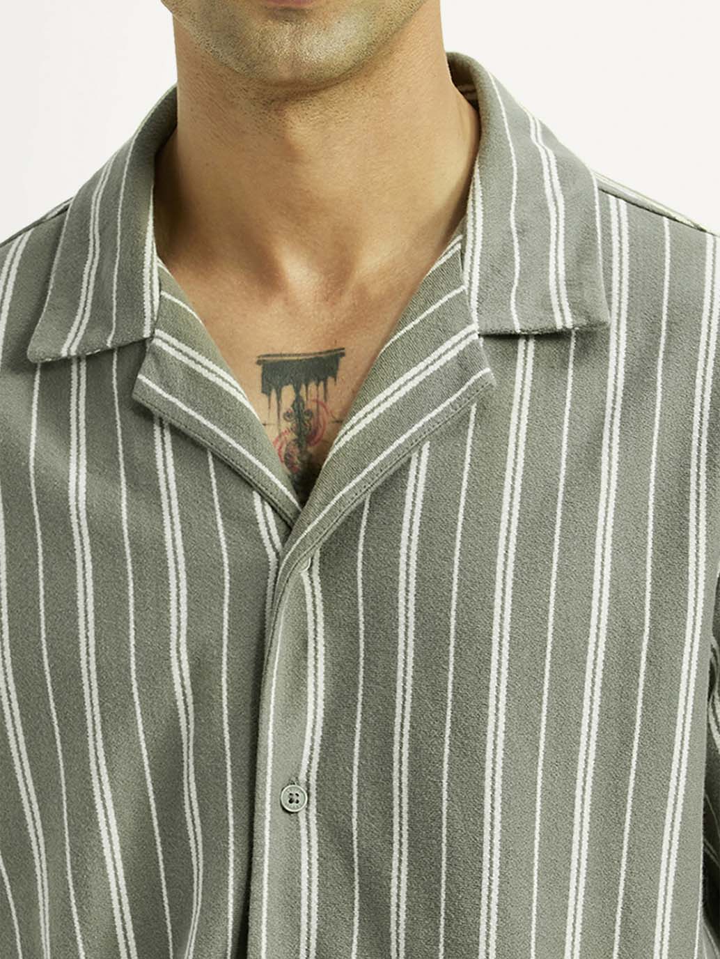 Men's Striped Olive Relaxed Fit Camp Shirt - Detail View