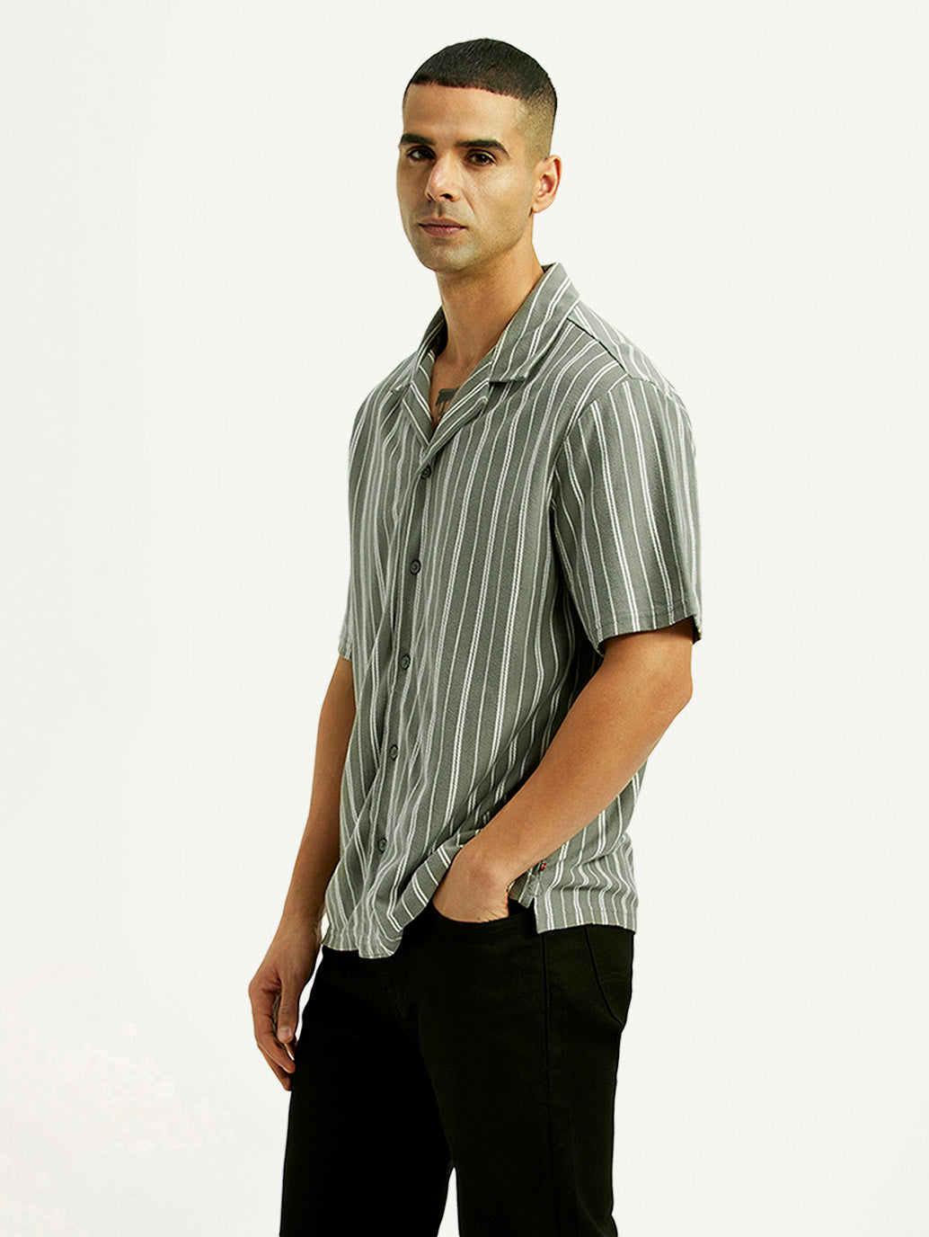 Men's Striped Olive Relaxed Fit Camp Shirt - Side View