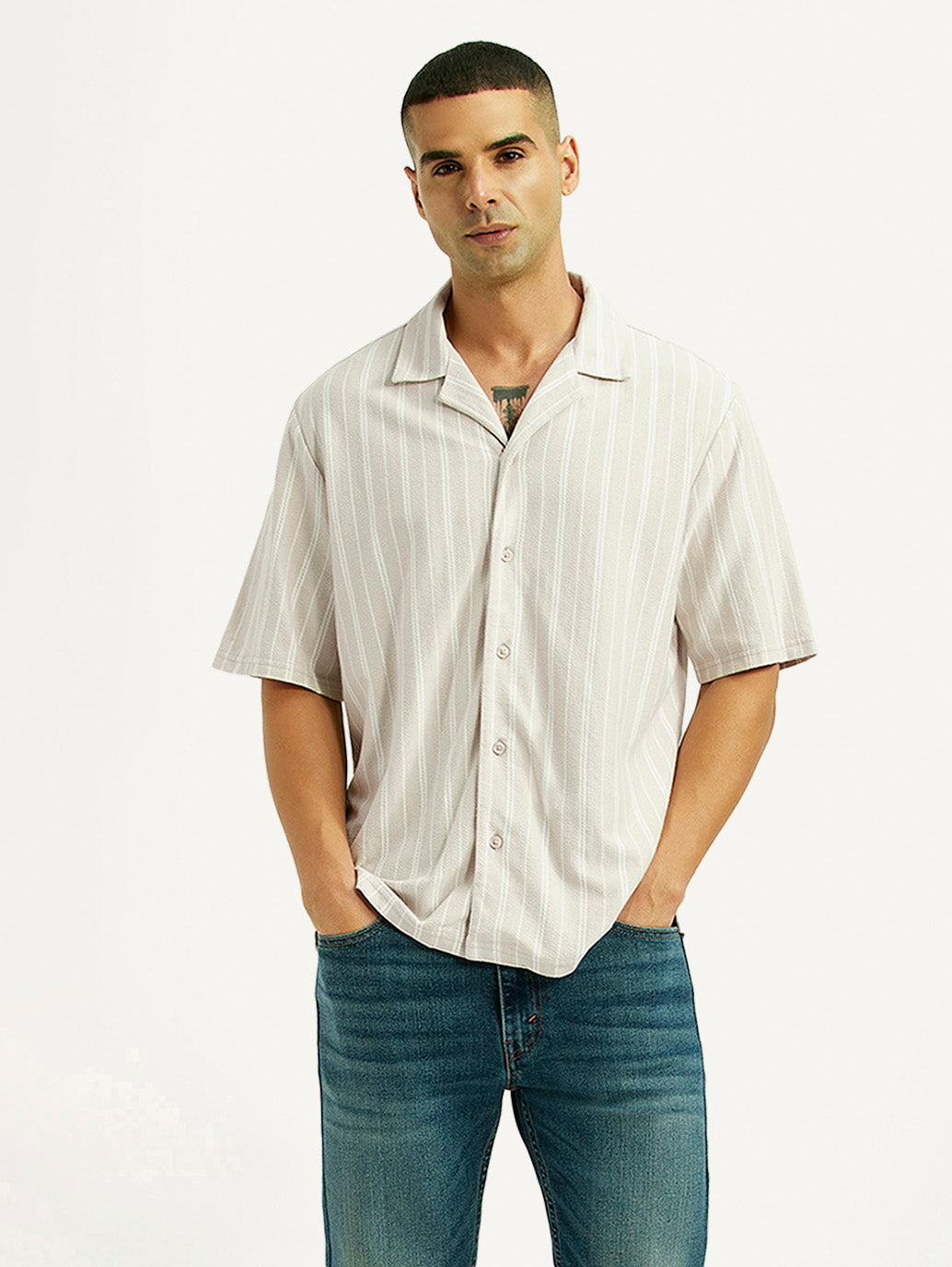 Men's Striped Off White Relaxed Fit Camp Shirt - Styleshot View
