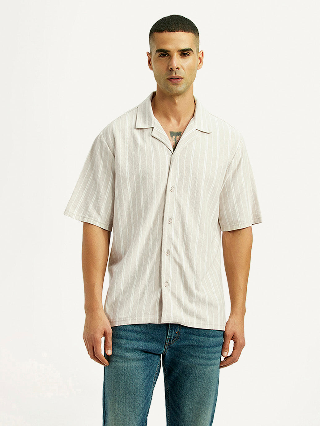 Men's Striped Off White Relaxed Fit Camp Shirt - Front View