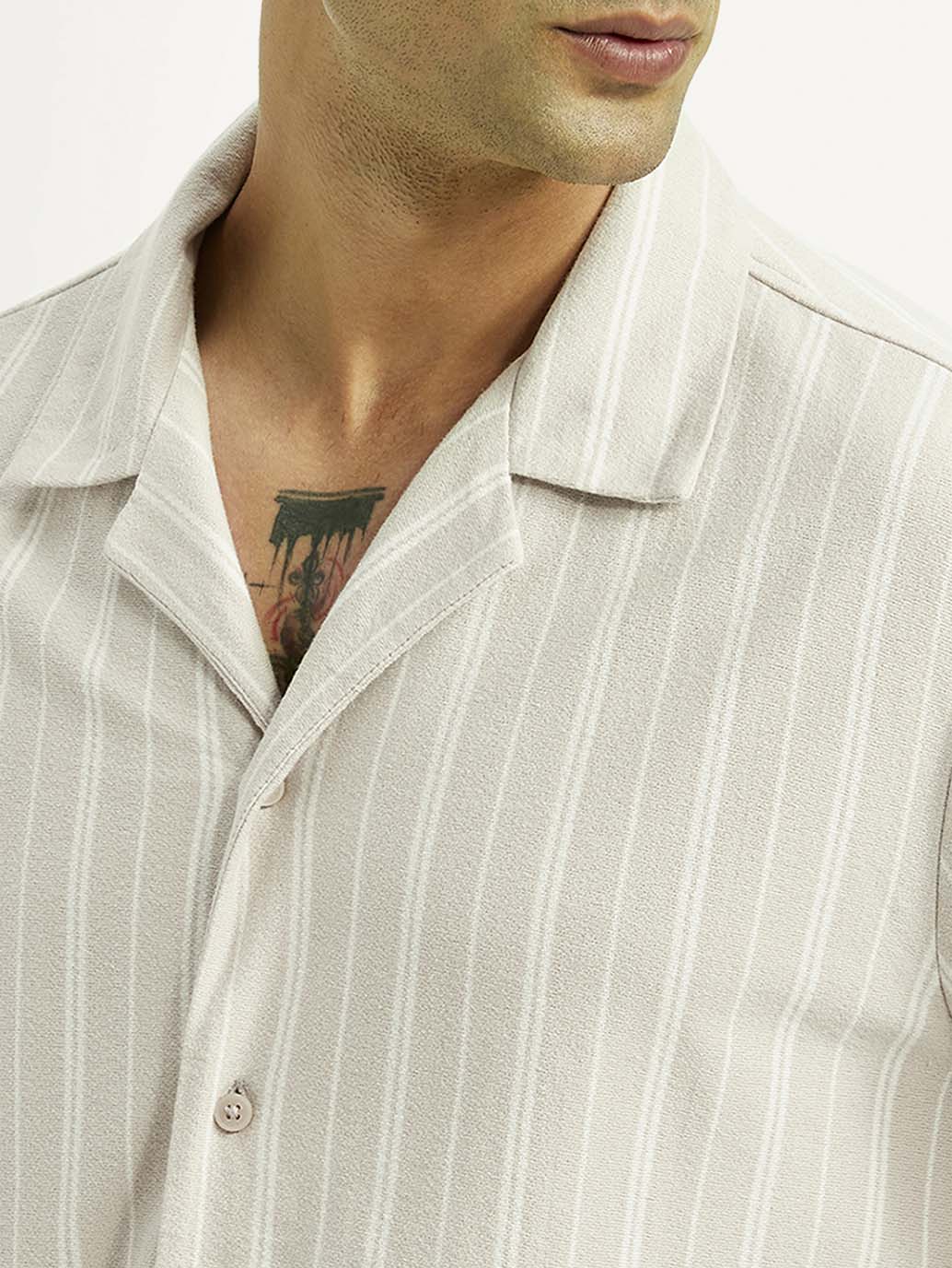 Men's Striped Off White Relaxed Fit Camp Shirt - Detail View
